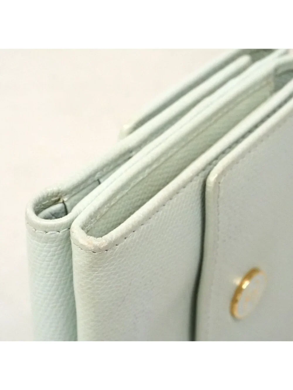 Chanel Trifold Wallet Coco Buttons Caviar Leather Light Green Gold
